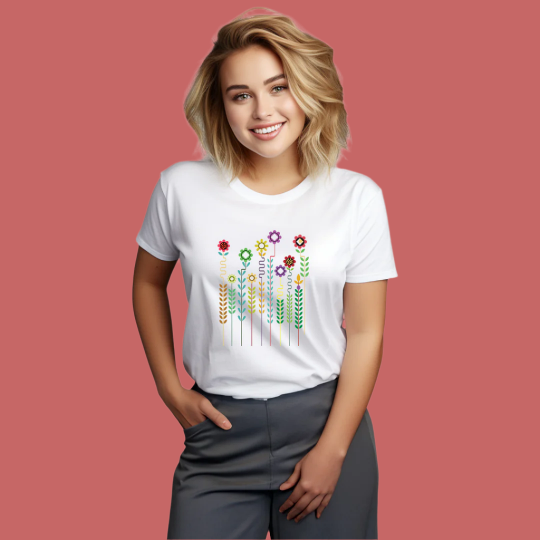 Floral Print Graphic Spring T-Shirt, 100% Cotton, Short Sleeve for Womens